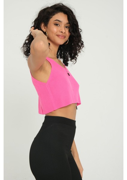Kadın Yaka Detaylı Fermuarlı Fitilli Örme Crop Top Pembe