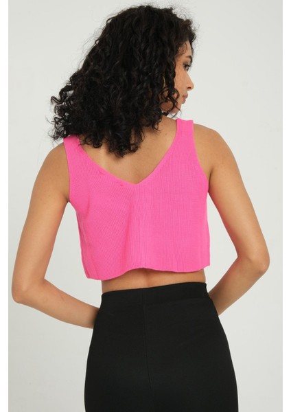 Kadın Yaka Detaylı Fermuarlı Fitilli Örme Crop Top Pembe