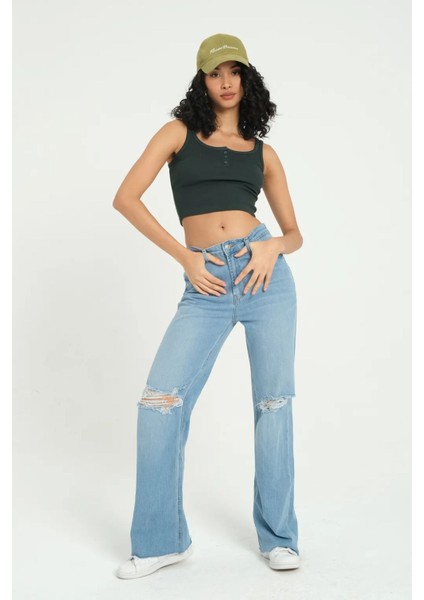 Kadın Kare Yaka Fitilli Düğmeli Tank Top Green