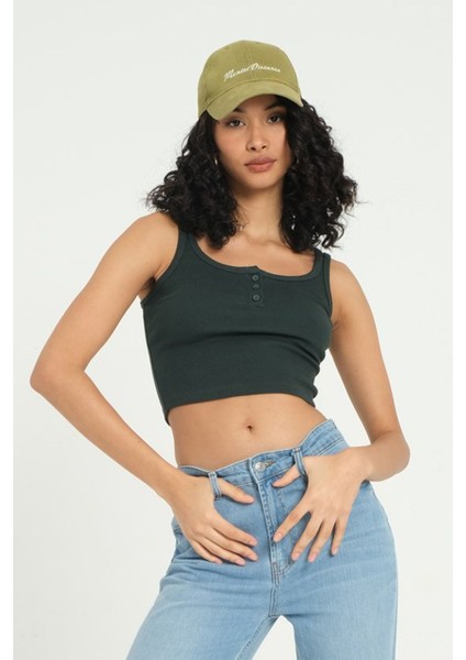 Kadın Kare Yaka Fitilli Düğmeli Tank Top Green