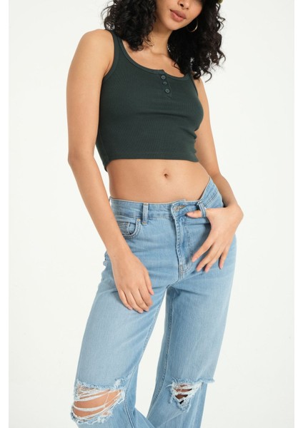 Kadın Kare Yaka Fitilli Düğmeli Tank Top Green