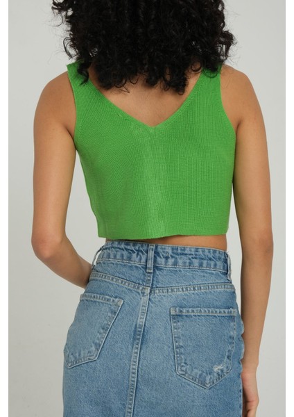 Kadın V Yaka Örme Fitilli Fermuarlı Crop Top Yeşil
