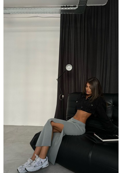 Kadın Orta Bel Yırtmaçlı Maxi Etek Grey