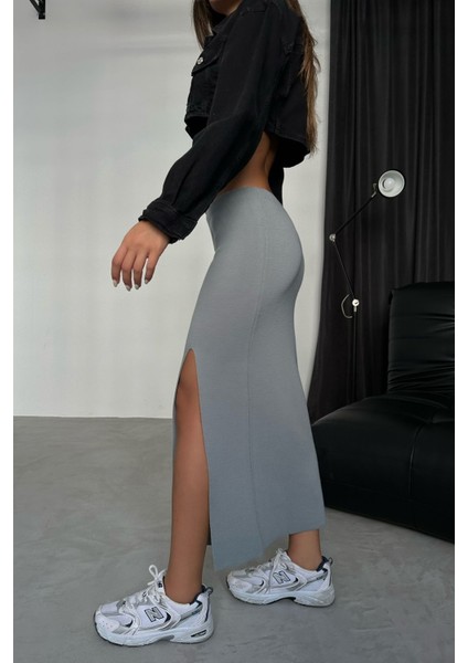 Kadın Orta Bel Yırtmaçlı Maxi Etek Grey