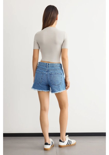 Kadın Bisiklet Yaka Temel Crop Top Natural