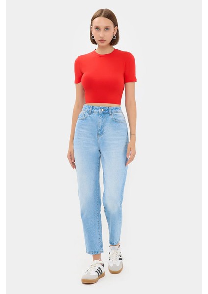 Kadın Bisiklet Yaka Temel Crop Top Kırmızı