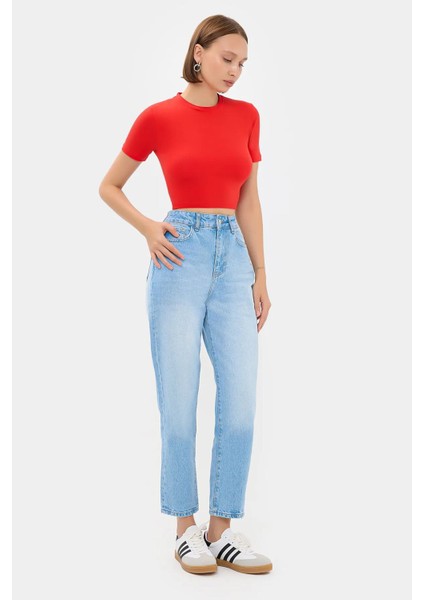 Kadın Bisiklet Yaka Temel Crop Top Kırmızı
