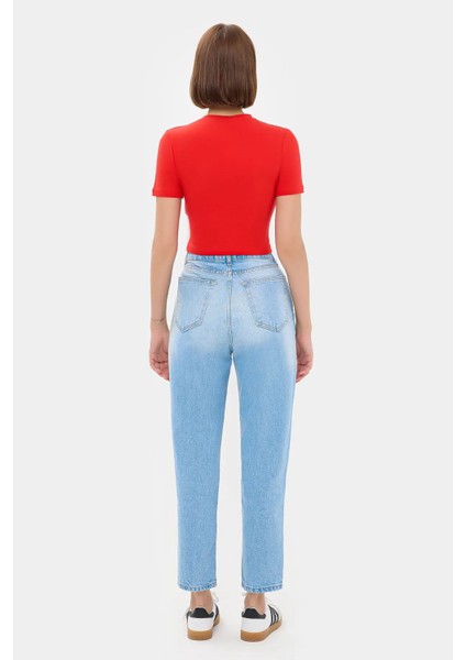 Kadın Bisiklet Yaka Temel Crop Top Kırmızı