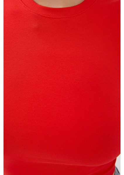 Kadın Bisiklet Yaka Temel Crop Top Kırmızı