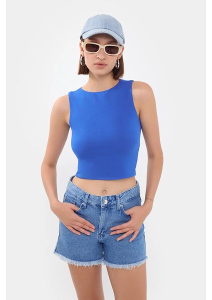 Kadın Yuvarlak Yaka Temel Askılı Atlet Blue