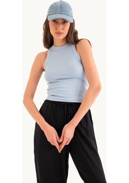 Kadın Mavi Renk Halter Yaka Basic Tank Top Blue