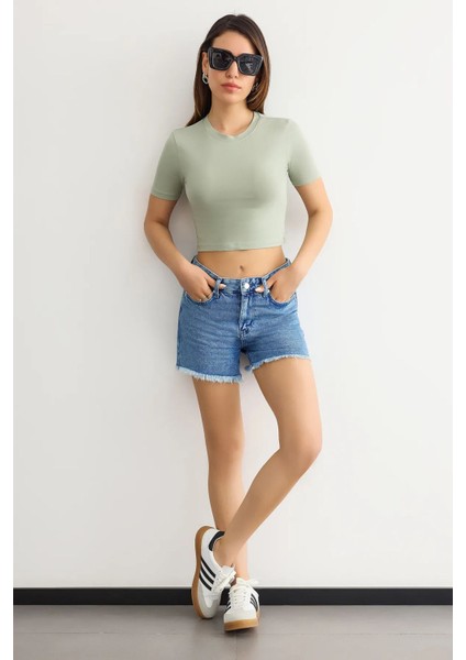 Kadın Bisiklet Yaka Temel Crop Top Green