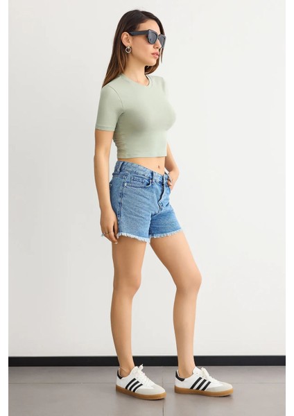Kadın Bisiklet Yaka Temel Crop Top Green