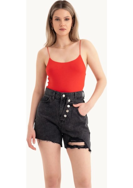 Kadın Düğme Detaylı Yüksek Bel Çift Katlı Jean Şort Gri indirimleri