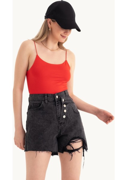 Kadın Düğme Detaylı Yüksek Bel Çift Katlı Jean Şort Gri