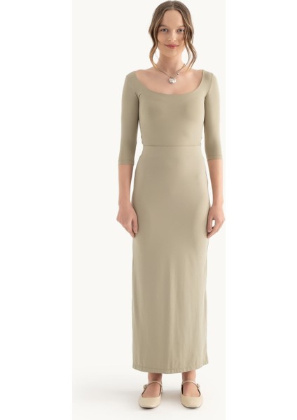 Kadın Yan Yırtmaçlı Yüksek Bel Maxi Etek Green