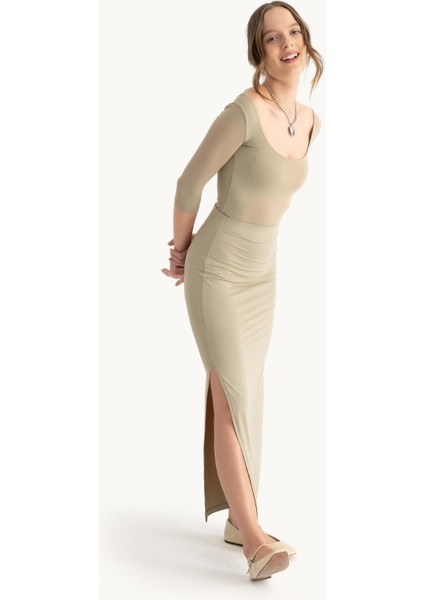 Kadın Yan Yırtmaçlı Yüksek Bel Maxi Etek Green