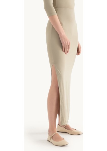 Kadın Yan Yırtmaçlı Yüksek Bel Maxi Etek Green