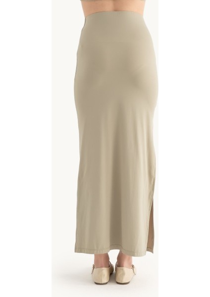 Kadın Yan Yırtmaçlı Yüksek Bel Maxi Etek Green