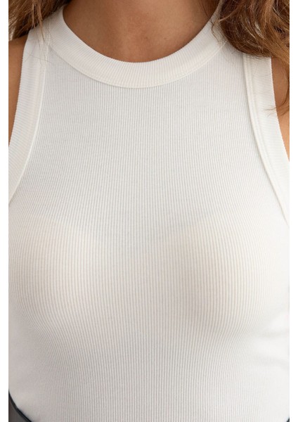 Kadın Mavi Renk Halter Yaka Basic Tank Top White