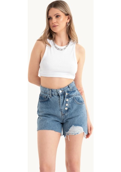 Kadın Düğme Detaylı Yüksek Bel Çift Katlı Jean Şort Denim