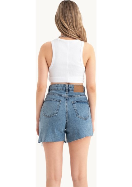 Kadın Düğme Detaylı Yüksek Bel Çift Katlı Jean Şort Denim