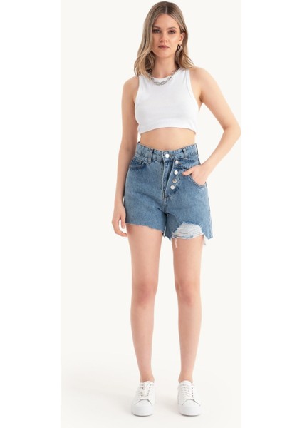 Kadın Düğme Detaylı Yüksek Bel Çift Katlı Jean Şort Denim
