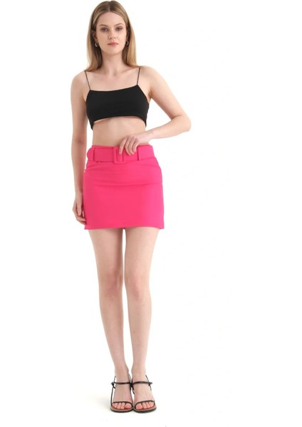 Kadın Kemer Detaylı Yüksek Bel Mini Etek Pink