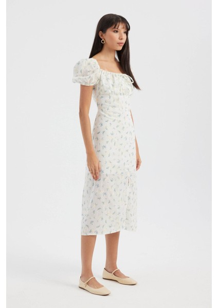 Kadın Yan Yırtmaçlı Çiçek Desenli Kare Yaka Puf Kollu Midi Elbise Çok Renkli