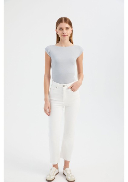 Kadın Arka Kesikli Yuvarlak Yaka Vücut Hugging Üst Grey