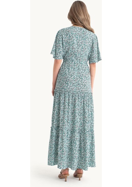 Kadın Çiçek Desenli V Yaka Kollu Bağcıklı Maxi Elbise Green