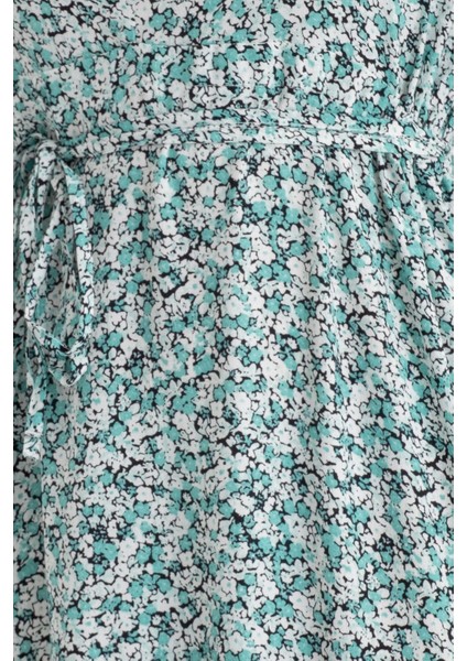 Kadın Çiçek Desenli V Yaka Kollu Bağcıklı Maxi Elbise Green