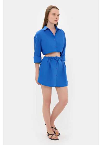 Kadın Geniş Kollu Oversize Kırpılmış Gömlek Blue