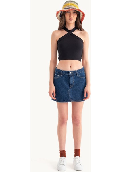 Kadın Askılı Boyun Çapraz Ön Crop Top Natural