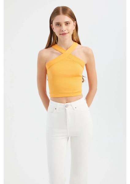 Kadın Askılı Boyun Çapraz Ön Crop Top Orange