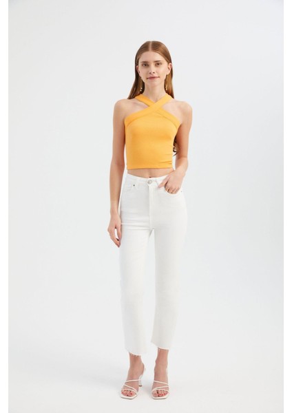 Kadın Askılı Boyun Çapraz Ön Crop Top Orange