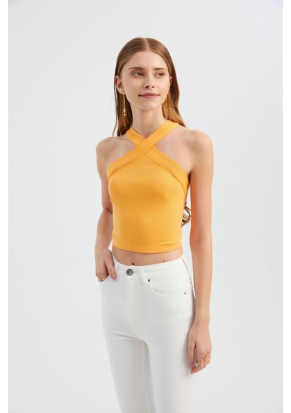 Kadın Askılı Boyun Çapraz Ön Crop Top Orange