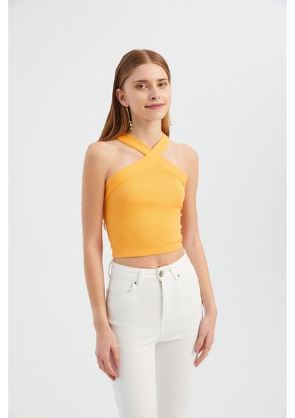 Kadın Askılı Boyun Çapraz Ön Crop Top Orange