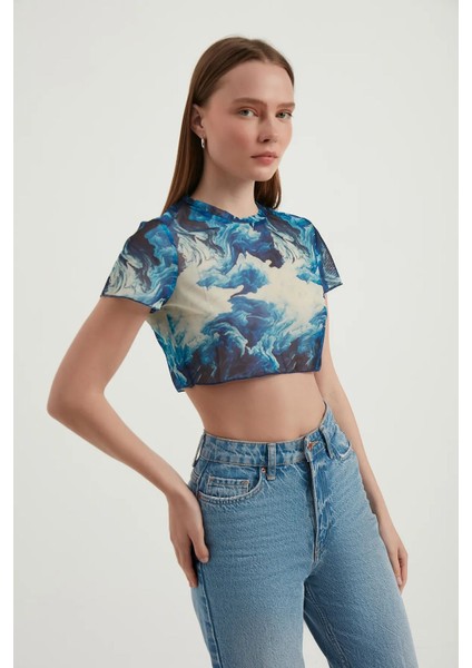 Kadın Soyut Tül Crop Top Maya Mavisi