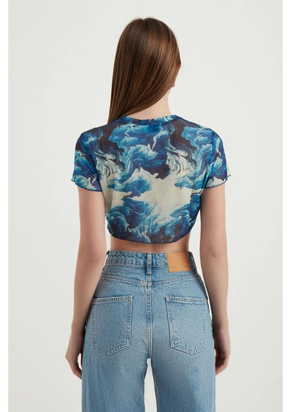 Kadın Soyut Tül Crop Top Maya Mavisi