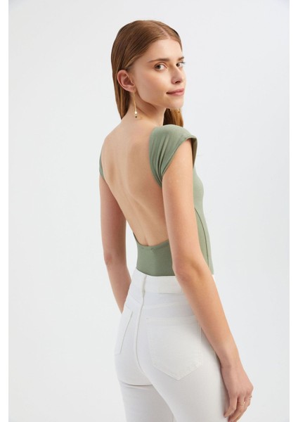Kadın Arka Kesikli Yuvarlak Yaka Vücut Hugging Üst Yeşil