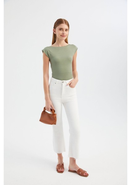 Kadın Arka Kesikli Yuvarlak Yaka Vücut Hugging Üst Yeşil