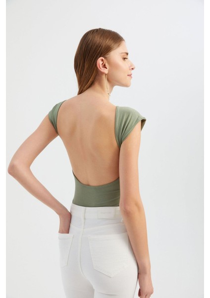 Kadın Arka Kesikli Yuvarlak Yaka Vücut Hugging Üst Yeşil