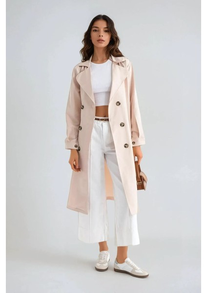 Kadın Kemerli Düğmeli Trençkot Fildişi Doğal