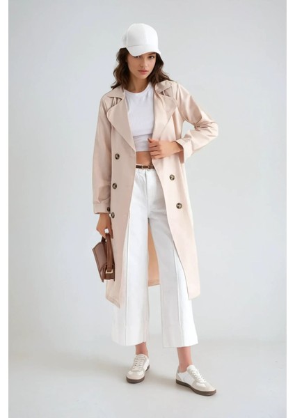 Kadın Kemerli Düğmeli Trençkot Fildişi Doğal