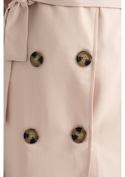 Kadın Kemerli Düğmeli Trençkot Fildişi Doğal