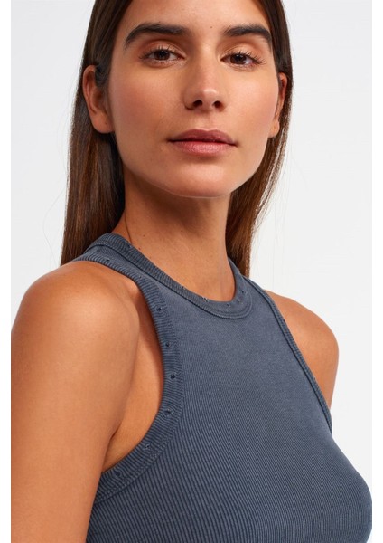 Kadın Sırt Dekolteli Fitilli Tank Üst Gece Mavisi
