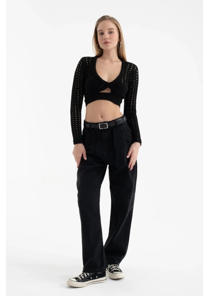 Kadın Yaka V Yaka Örme Kesik Uzun Kollu Dantel Bluz Natural