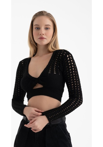 Kadın Yaka V Yaka Örme Kesik Uzun Kollu Dantel Bluz Natural