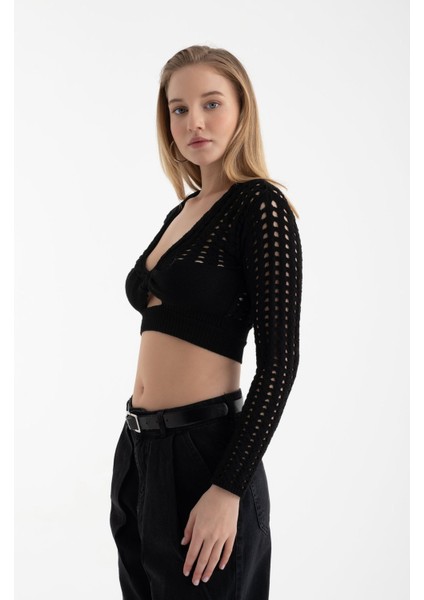 Kadın Yaka V Yaka Örme Kesik Uzun Kollu Dantel Bluz Natural